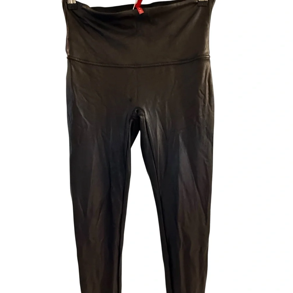 Black Spanx Leggings Stretchy Control Top faux Leather Size X-Large
